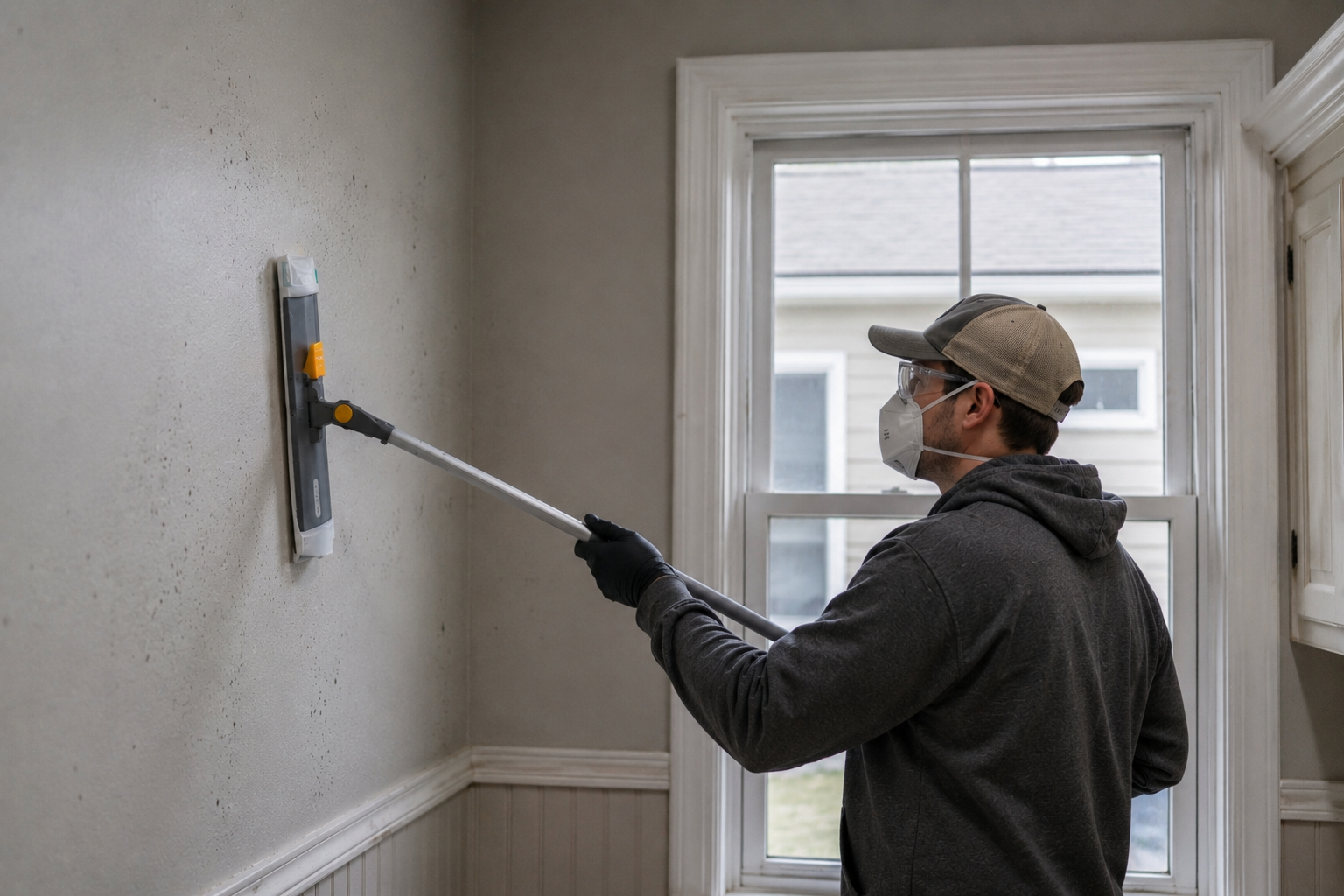 Technician in N95 respirator HEPA-vacuuming a moldy interior wall in a Pensacola home